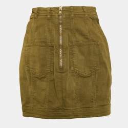 Pre Owned Balmain Olive Green Distressed Denim Accents Mini Skirt S