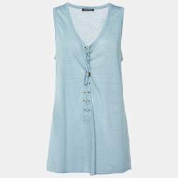 Balmain Navy Blue Cashmere Knit Lace-Up Tank Top M