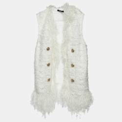 Balmain White Patterned Knit Fringed Open Front Cardigan M