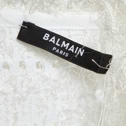 Balmain White Patterned Knit Fringed Open Front Cardigan M