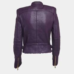 Balmain Purple Shearling Trim Leather Zipper Detail Jacket M