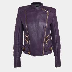 Balmain Purple Shearling Trim Leather Zipper Detail Jacket M