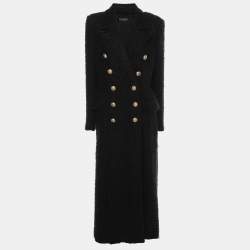 Balmain Black Mohair Wool Double Breasted Long Coat L