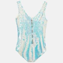 Balmain Metallic Blue Sequin Sleeveless Bodysuit M