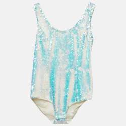Balmain Metallic Blue Sequin Sleeveless Bodysuit M