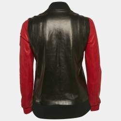 Balmain Black/Red Leather Applique Detail Bomber Jacket M