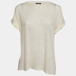 Balmain Cream Linen Knit Short Sleeve Top L