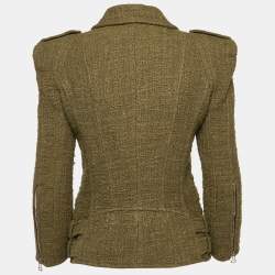 Pre Owned Balmain Olive Green Tweed Zipper Detail Jacket M