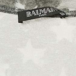 Pre Owned Balmain Grey Printed Linen Jersey V-Neck T-Shirt L