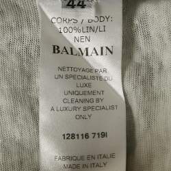 Pre Owned Balmain Grey Printed Linen Jersey V-Neck T-Shirt L