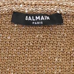 Pre Owned Balmain Brown Distressed Knitted Sequin Embellished Cardigan M
