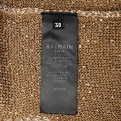 Pre Owned Balmain Brown Distressed Knitted Sequin Embellished Cardigan M