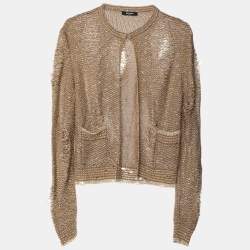 Pre Owned Balmain Brown Distressed Knitted Sequin Embellished Cardigan M