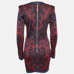 Pre Owned Balmain Red/Blue Paisley Knit Lace-Up Mini Dress M