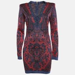 Pre Owned Balmain Red/Blue Paisley Knit Lace-Up Mini Dress M