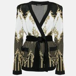 Balmain Metallic Patterned Lurex Knit Belted Cardigan L