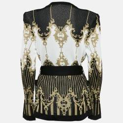 Balmain Metallic Patterned Lurex Knit Belted Cardigan L