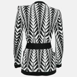 Pre Owned Balmain White/Black Patterned Knit Belted Cardigan S