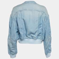 Balmain Blue Lyocell and Linen Button Detail Bomber Jacket L