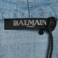 Balmain Blue Lyocell and Linen Button Detail Bomber Jacket L
