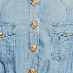 Balmain Blue Lyocell and Linen Button Detail Bomber Jacket L