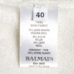 Balmain Cream Crystal Logo Embellished Wool Knit Sweater M