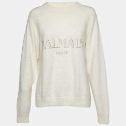 Balmain Cream Crystal Logo Embellished Wool Knit Sweater M