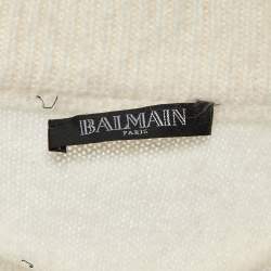 Balmain Cream Crystal Logo Embellished Wool Knit Sweater M