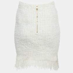 Pre Owned Balmain White Tweed Button Detail Pencil Skirt M