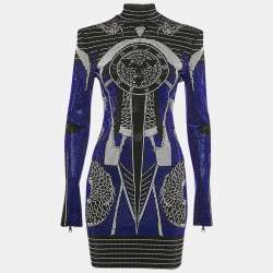 Balmain Blue/Multicolor Studded Mini Bodycon Dress M