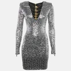 Pre Owned Balmain Silver Sequin Metal Detail V-Neck Mini Dress S