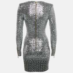 Pre Owned Balmain Silver Sequin Metal Detail V-Neck Mini Dress S