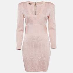 Pre Owned Balmain Pink Patterned Knit Full Sleeve V-Neck Mini Dress M