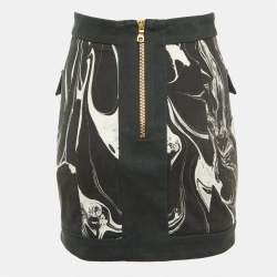 Balmain Monochrome Marble Print Cotton Button Detail Mini Skirt S