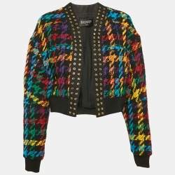 Balmain Multicolor Houndstooth Cotton Blend Eyelet Detail Open Front Jacket S