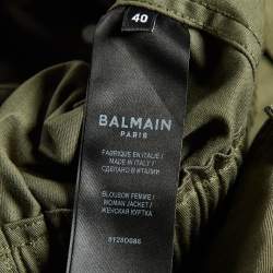 Pre Owned Balmain Blue Green Shearling Trim Cotton Structured Shoulder Jacket M