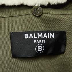 Pre Owned Balmain Blue Green Shearling Trim Cotton Structured Shoulder Jacket M