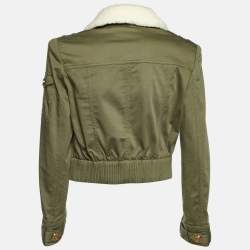 Pre Owned Balmain Blue Green Shearling Trim Cotton Structured Shoulder Jacket M