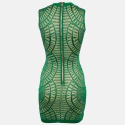 Pre Owned Balmain Green Patterned Knit Sleeveless Lace-Up Bodycon Dress S