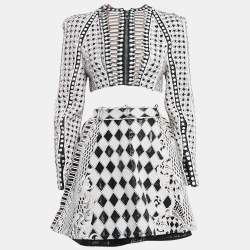 Pre Owned Balmain Black/White Crystal Embellished Wool and Leather Blazer and Skirt S