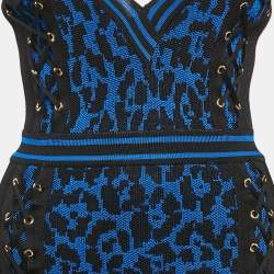 Balmain Black/Blue Leopard Knit Lace-Up Mini Dress S