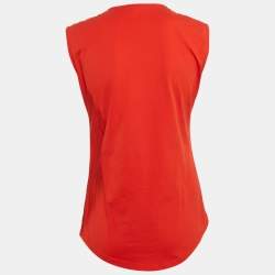 Balmain Orange Logo Print Jersey Button Detail Sleeveless T-Shirt S