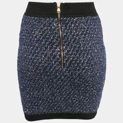 Pre Owned Balmain Blue Metallic Tweed Sequin Embellished Mini Skirt M