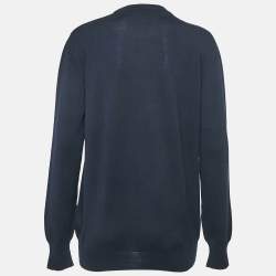 Pre Owned Balmain Navy Blue Intarsia Knit Crew Neck Sweater M