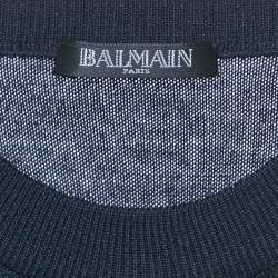 Pre Owned Balmain Navy Blue Intarsia Knit Crew Neck Sweater M