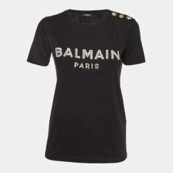 Balmain Black Logo Print Cotton Crystals Embellished T-Shirt S