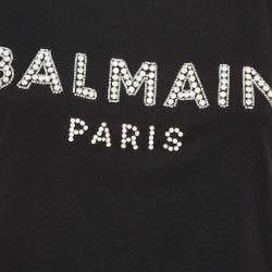 Balmain Black Logo Print Cotton Crystals Embellished T-Shirt S