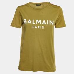 Balmain Green Logo Printed Cotton Buttons Detail Half Sleeve T-Shirt S