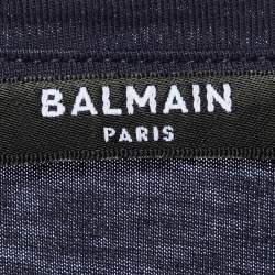 Pre Owned Balmain Blue Logo Printed Cotton Buttons Detail Half Sleeve T-Shirt XS