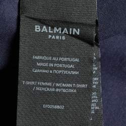 Pre Owned Balmain Blue Logo Printed Cotton Buttons Detail Half Sleeve T-Shirt XS